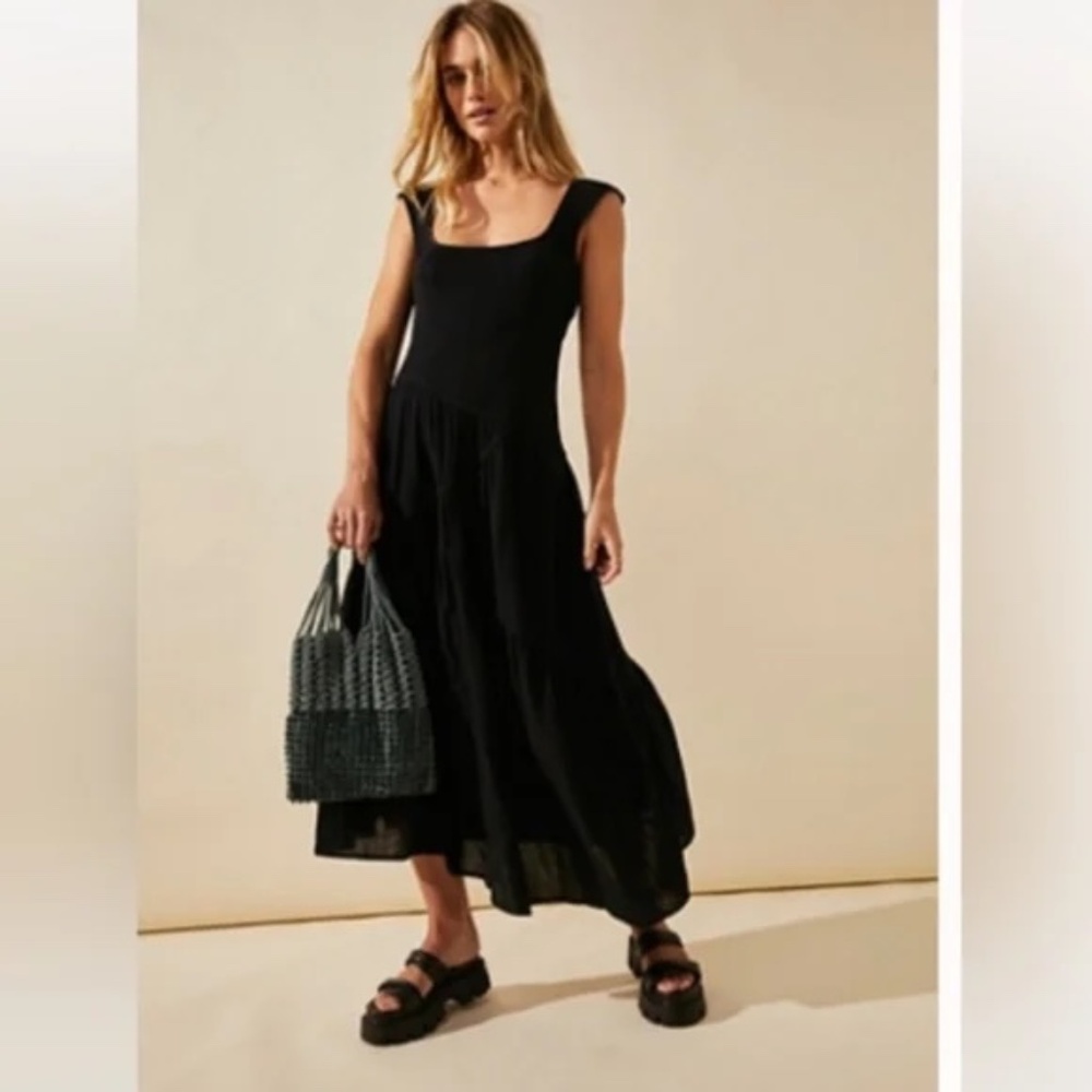 Free People Traveler Midi Square Neck Smocked Asymmetrical Dress